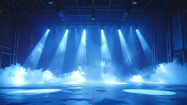 A dark empty stage illuminated by bright blue spotlights and thick atmospheric fog