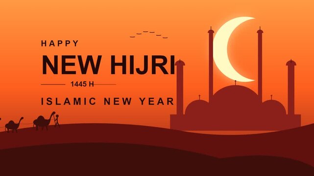 Islamic new year greeting with mosque silhouette and crescent moon in desert sunsets.