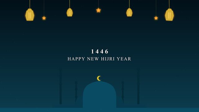 Happy new hijri year 1446 greetings with lanterns and stars over a mosque silhouette