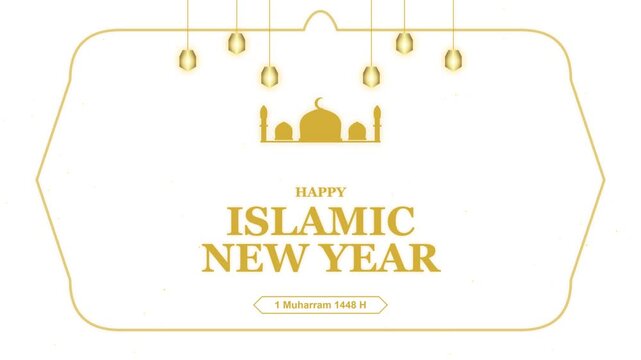 Happy islamic new year greeting with golden mosque and lanterns on white backgrounds