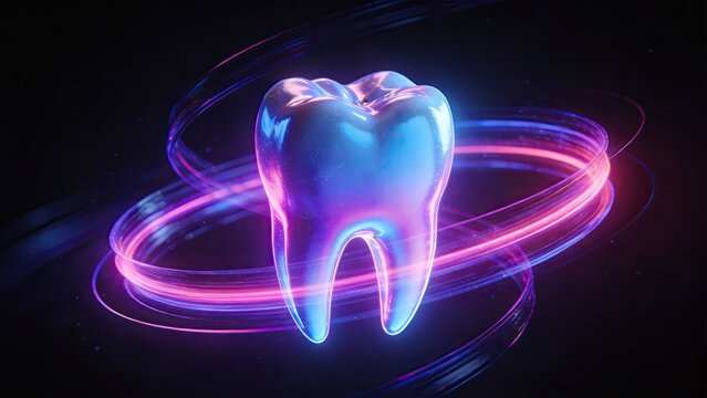 Neon colorful transparent molar 3D art with glowing ribbon for dental health promotion poster