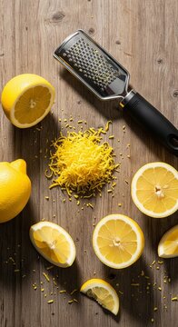 Vibrant yellow lemons and zest scattered on a rustic wood surface next to a stainless steel zester tool in a bright, fresh flat lay view, vitamin, zester, sunny