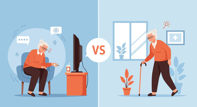 Elderly woman choice: sedentary vs active lifestyle for seniors illustrated comparison