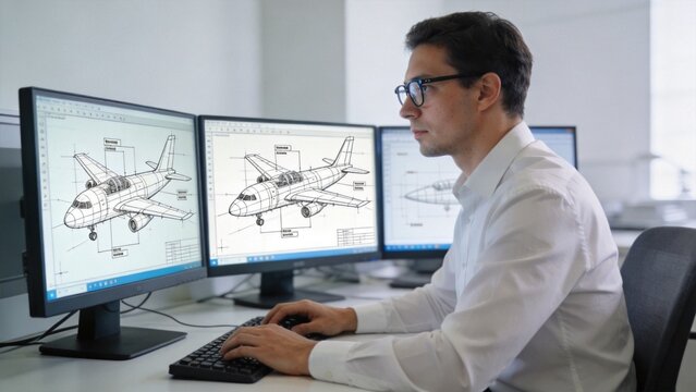 Man working on aircraft design using computer