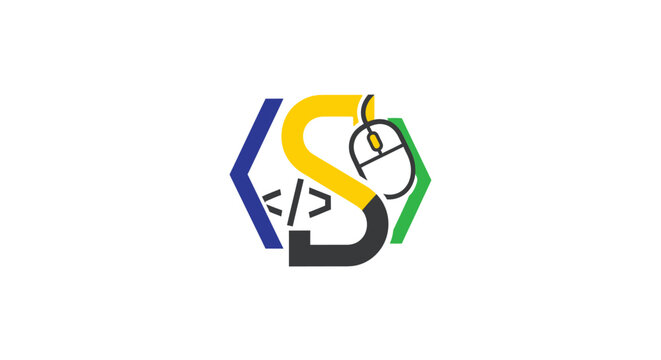 A colorful abstract graphic design featuring a stylized letter and computer mouse icon