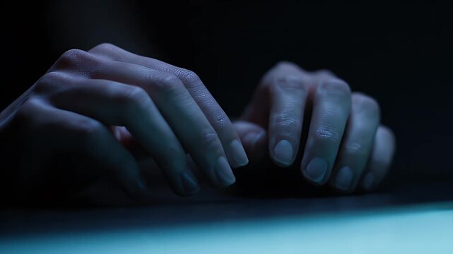 Close-up of female hands typing on a surface in a dark room with cool blue screen light, symbolizing technology, digital work, and cybersecurity.
