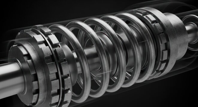 Close-up of a metallic shock absorber with a coiled spring on a dark background.