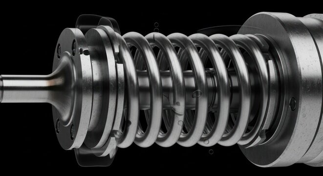 Close-up of a metallic spring mechanism with a black background.