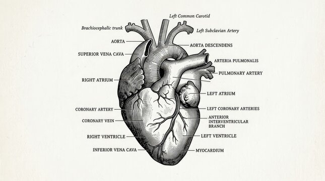 Detailed vintage medical engraving illustration of the human heart showing all major blood vessels and chambers in black and white