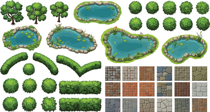 Top down garden design elements set with trees ponds hedges and stone paving textures for landscape architecture game map creation