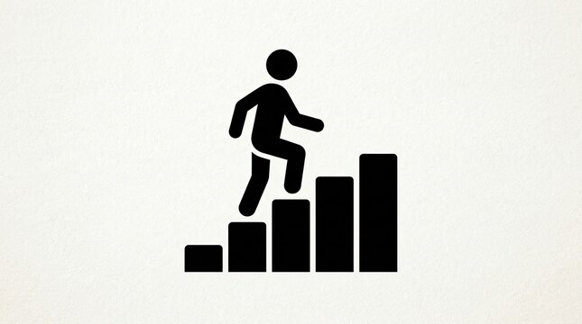 Black icon silhouette of a person climbing up a set of stairs representing professional growth and career success strategy concepts