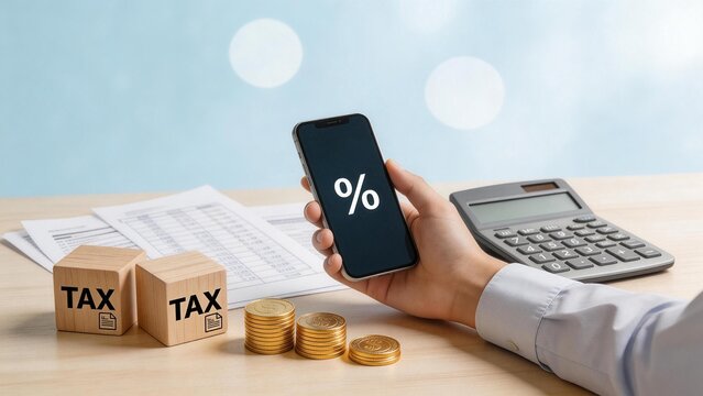 Person holding phone with percentage symbol near tax blocks and coins