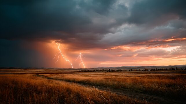 A dramatic lightning strike illuminating the sky during a powerful thunderstorm over a vast, dry grassland. The sky is a mix of dark, ominous clouds and fiery orange hues from the setting sun.