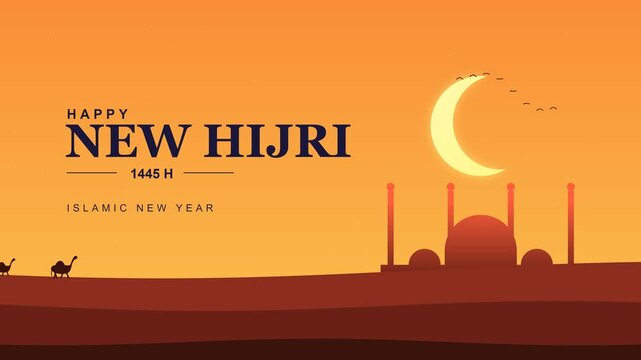 Islamic new year greeting with mosque silhouette and crescent moon on orange sunset.