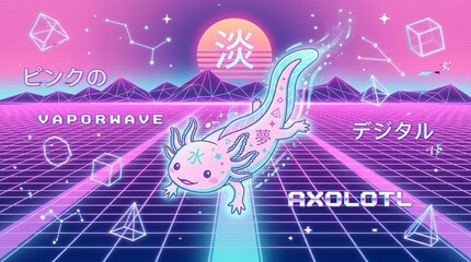 Naklejka premium Retro vaporwave axolotl in neon pink digital landscape.