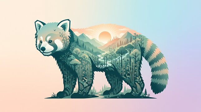 Red panda double exposure forest landscape silhouette art.