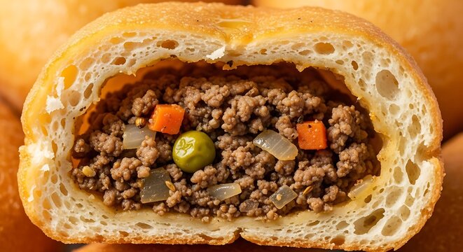 A delicious savory meat pie, with a fluffy golden-brown crust, is cut in half to reveal a hearty filling of ground meat, peas, carrots, and onions, showcasing a homemade comfort food classic.