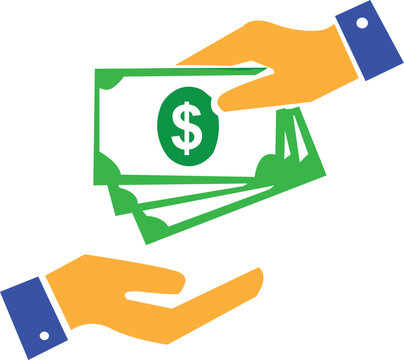 Vector illustration of hands exchanging dollar bills, symbolizing a financial transaction, payment, salary, bonus, donation, or the general transfer of funds and income