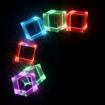 Translucent geometric cubes materializing and dissolving within a dark void, creating a surreal display of light, motion and digital energy, translucent, reality, glitch