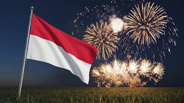 Indonesian flag waving with celebratory fireworks in the night sky