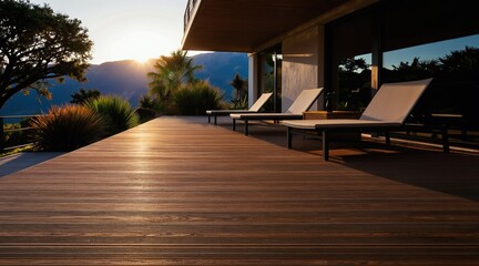 Obraz premium Modern terrace with wooden deck overlooks mountains at sunset. Lounge chairs invite relaxation on the spacious balcony next to rich garden and luxury villa.