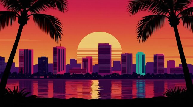 Retro synthwave city skyline at sunset reflected in water. Palm trees frame modern buildings under a vibrant orange sky. Digital illustration evokes 80s nostalgia.