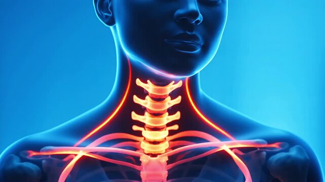 Futuristic 3D medical illustration highlighting the human cervical spine in red on a glowing blue anatomical bust