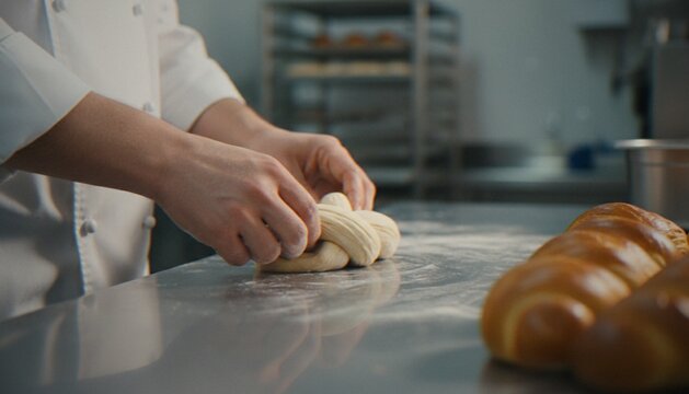 A professional chef in a white uniform braids dough on a stainless steel counter in a bakery kitchen with finished loaves in the foreground.