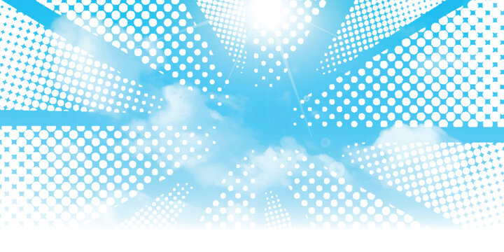 Blue sky background with sun rays and halftone dots
