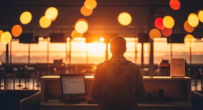 Silhouette of a man at a reception desk, with warm bokeh lights in the background creating a dreamy, inviting atmosphere at sunrise or sunset