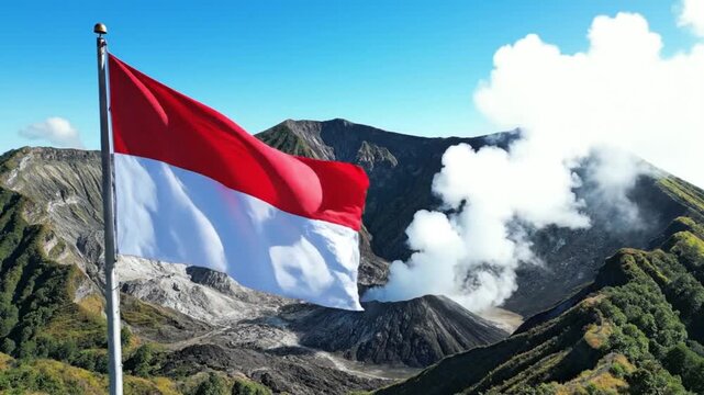 Indonesian flag waving in front of active smoking volcano landscape