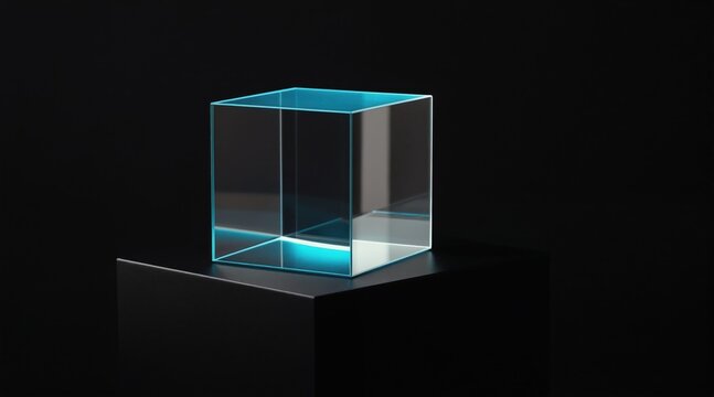 Transparent glass cube illuminated with blue light sits on black stand. Minimalist product display or presentation box. Clean modern geometric shape on dark background.