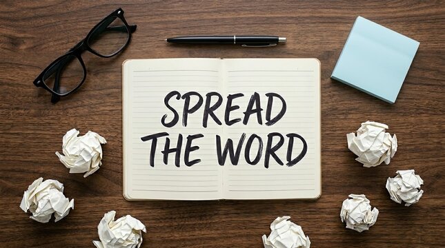 Open notebook with spread the word written in bold black ink surrounded by scattered crumpled paper on wooden office desk