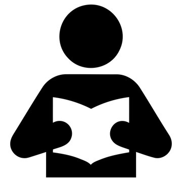Simple vector graphic illustration of a person holding an open book while reading to represent academic study education learning knowledge and literacy concepts