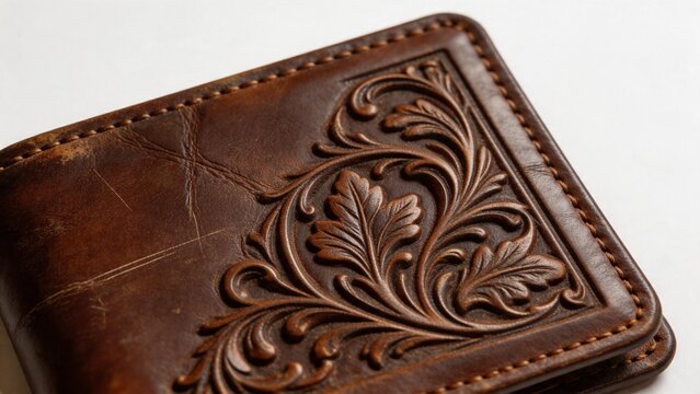 Brown leather wallet with floral carving