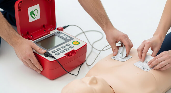 Man and woman operating automated external defibrillator on mannequin. Rescuer team performing cardiopulmonary resuscitation training. Medical emergency first aid skill instruction healthcare