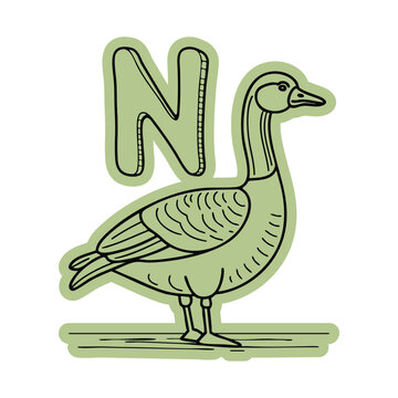 Nene Goose with Letter N Sticker Doodle Illustration