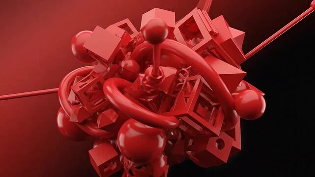 A cluster of various red geometric shapes floating against a dark background