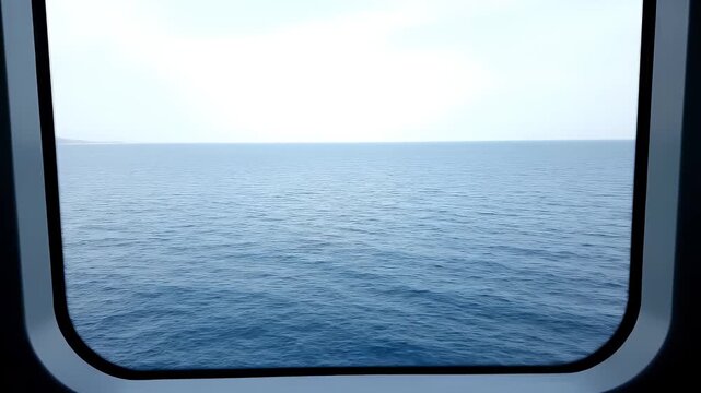 Scenic View of the Open Blue Ocean and Horizon Through a Ship Window
