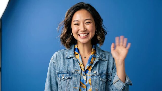 Asian woman smiling and posing with open hand in studio, playful gesture expressing youthful confidence, self expression and vibrant modern lifestyle personality on blue background, soft natural