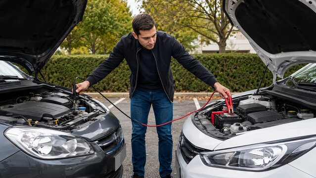 Man jumping a car battery using jumper cables. Driver connecting battery terminals to start a dead engine. Roadside assistance, vehicle maintenance and automotive emergency service concept