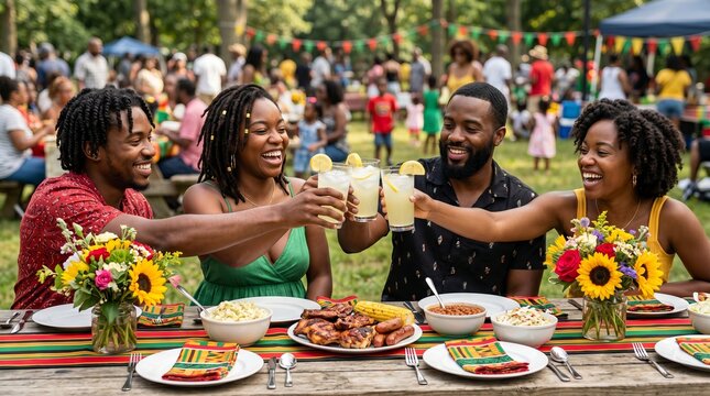 Black friends toasting with lemonade at a Juneteenth picnic in a park. Group of happy people eating and celebrating freedom together. Cultural diversity and African American community