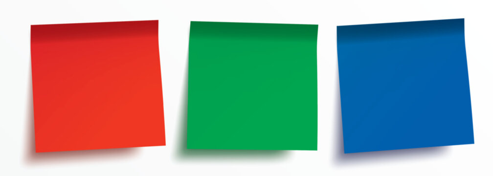 Colorful blank sticky notes set on a white background. Realistic empty postit red, green, and blue paper memo for office reminders, message notices, or business task organization - stock vector.