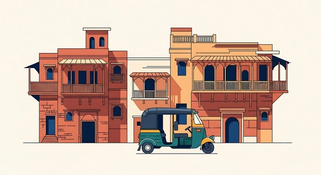 Tuk-tuk in front of Indian buildings.