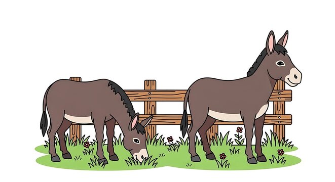 Two donkeys standing near wooden fence.