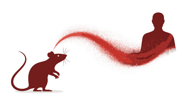 A stylized graphic depicts the transmission of a viral infection as a red particle cloud flowing from a rat silhouette to a human figure.
