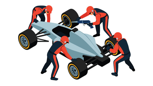 Four pit crew members wearing orange and black uniforms work together efficiently to change tires on a grey race car in a pit stop.