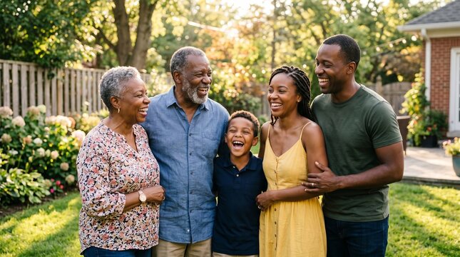 African American multigenerational family laughing together in a backyard during Juneteenth. Happy grandparents, parents and child enjoying outdoor celebration of freedom and heritage
