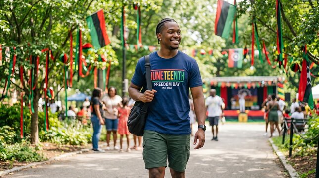 Smiling African American man walking at Juneteenth outdoor festival celebration. Happy person wearing holiday t-shirt at community event, enjoying cultural heritage and freedom day
