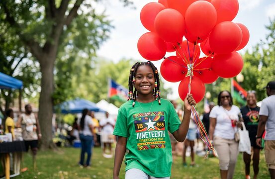 African American girl holding red balloons at Juneteenth outdoor festival celebration. Happy child commemorating Emancipation Day with community gathering in park. Freedom awareness event